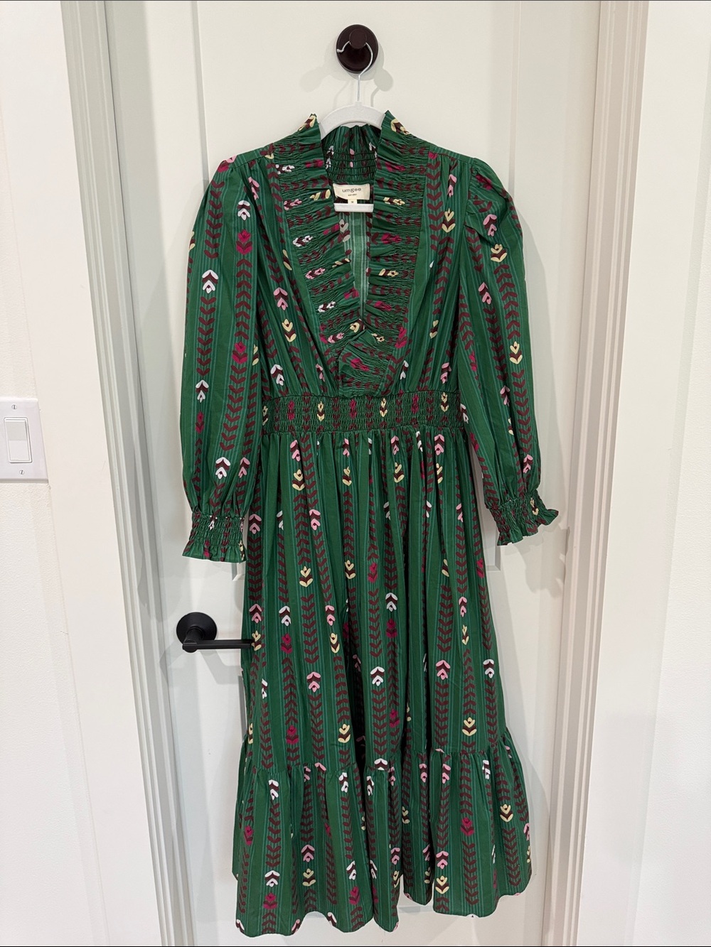 Umgee Green Maxi Dress with Pink, Yellow & White Motif